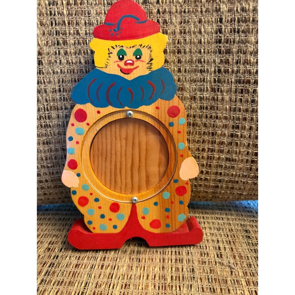 Vintage Hand Painted Wooden Clown Picture Frame Nursery Decor Colorful 8 Inch